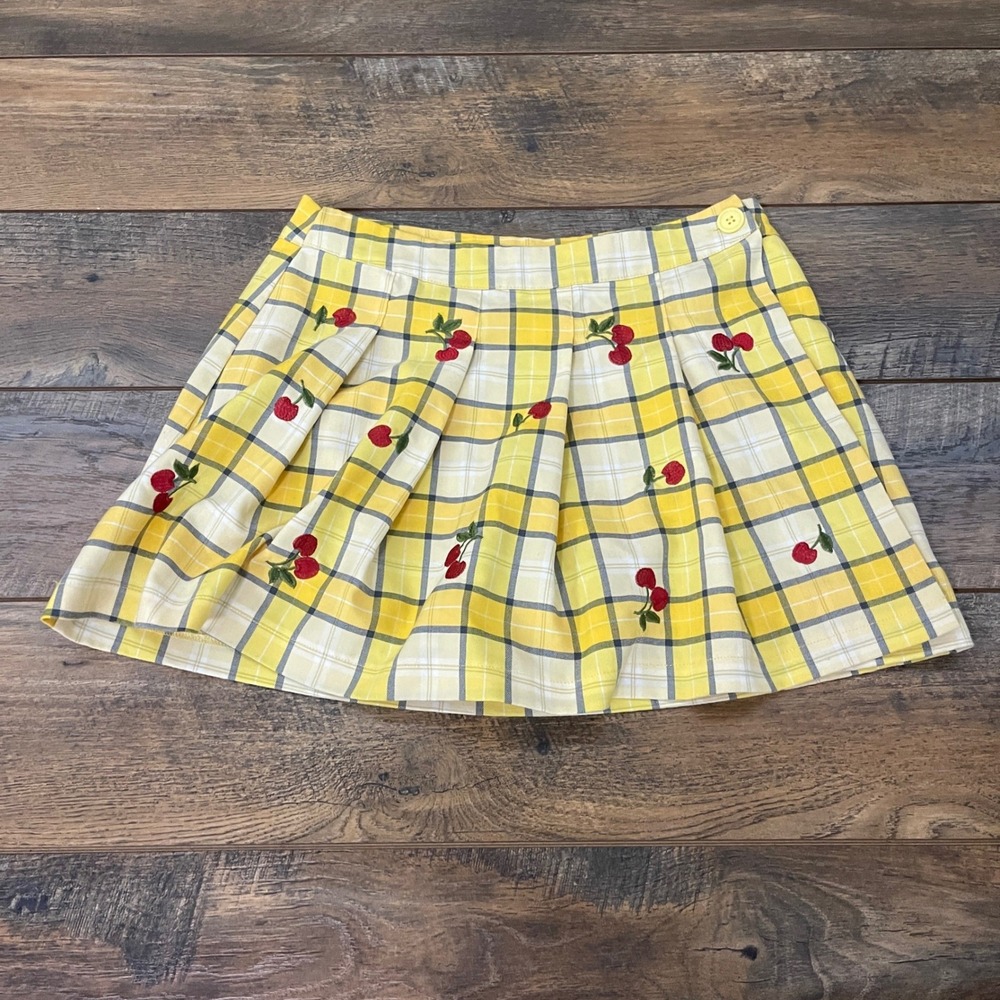 Forever 21 Yellow Plaid Cherry Embroidered Pleated Mini Skirt Medium Y2K 2000s